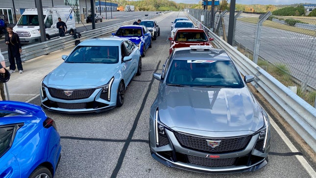 Photo of several CT5 V Blackwings lined up at the race track